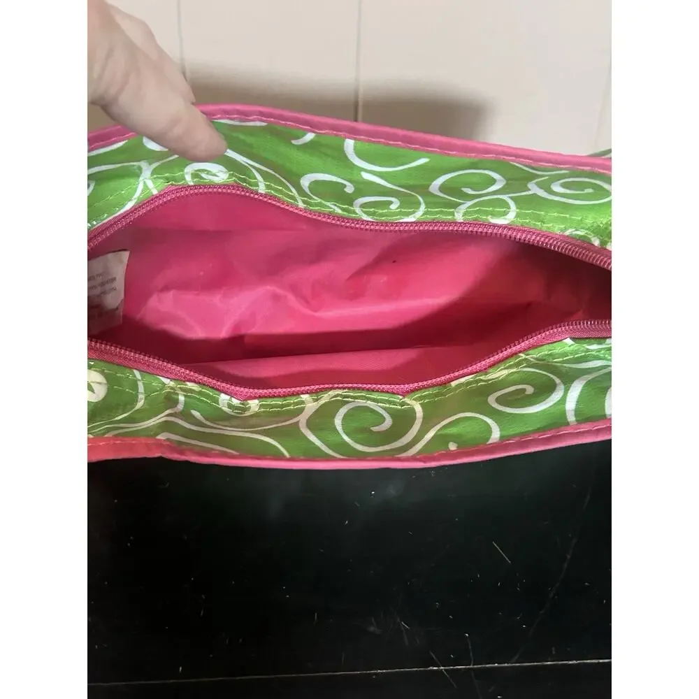 Monogram F Green Pink Swirl Cosmetic Makeup Bag Travel Organizer 10” 4”